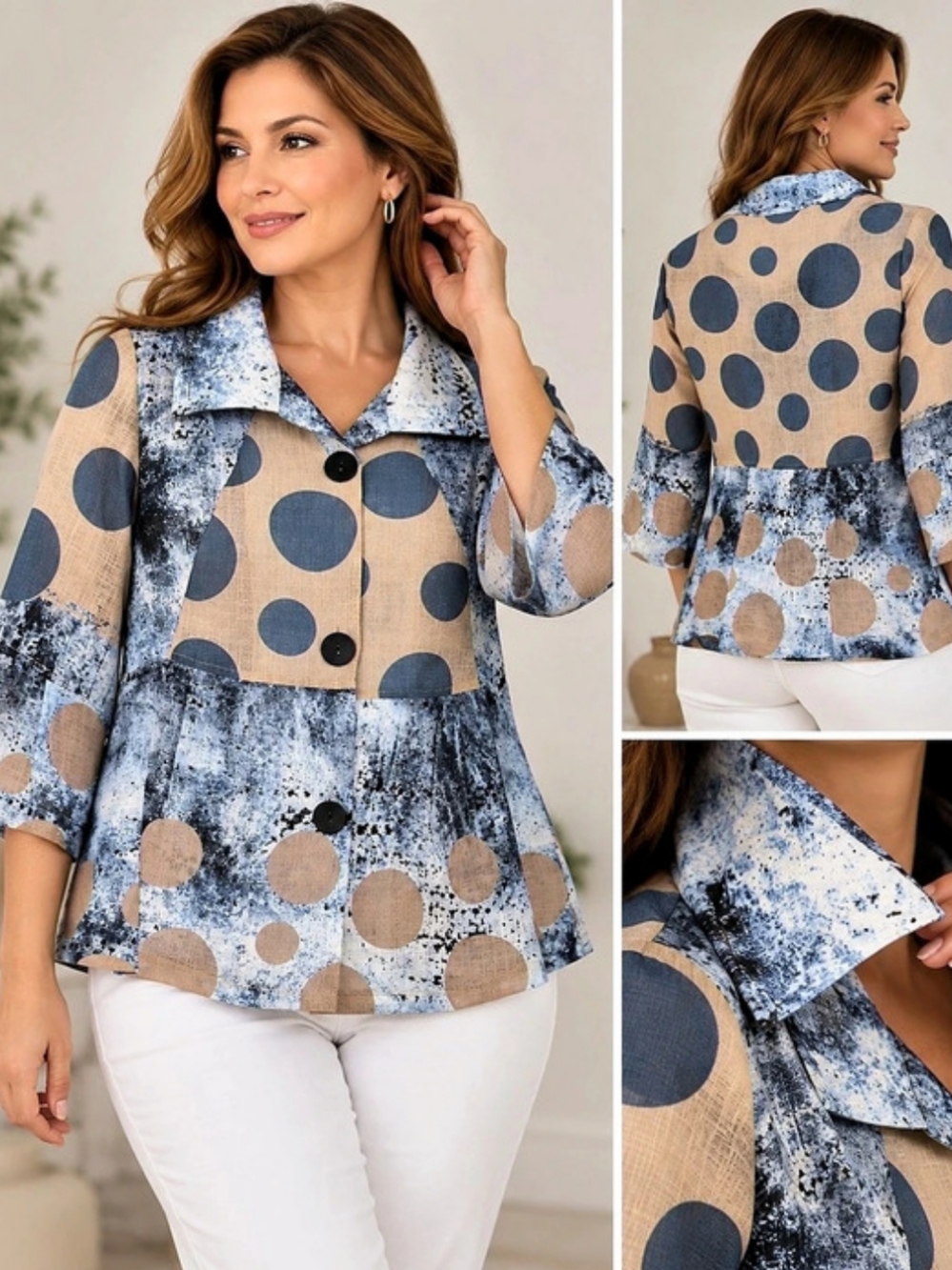 DAMEE Abstract Print Jacket Blouse Circle Print Flare Sleeves M